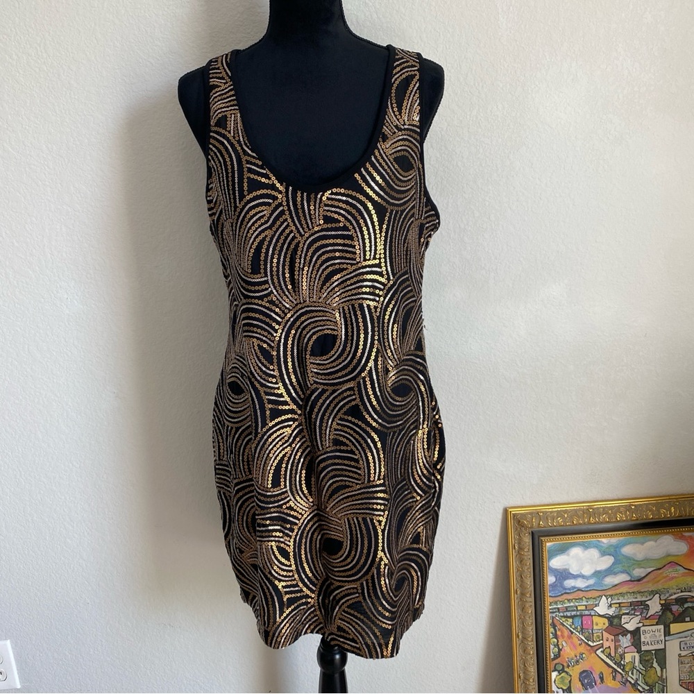 Bisou Bisou Gold Sequined Black‎ Dress, size 14
